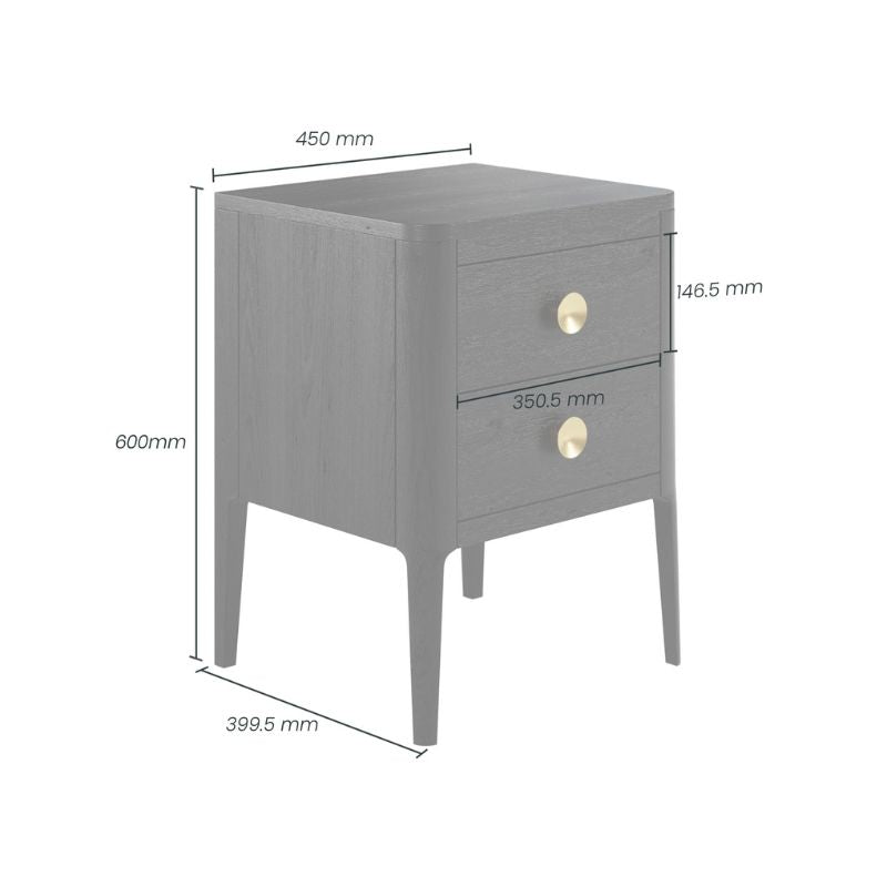 DI Designs Abberley Bedside - Black - 2 Drawers - Dimensions