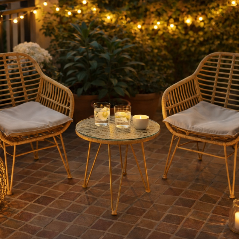 Two wicker chairs with cushions and a small round table on a patio with string lights and plants.