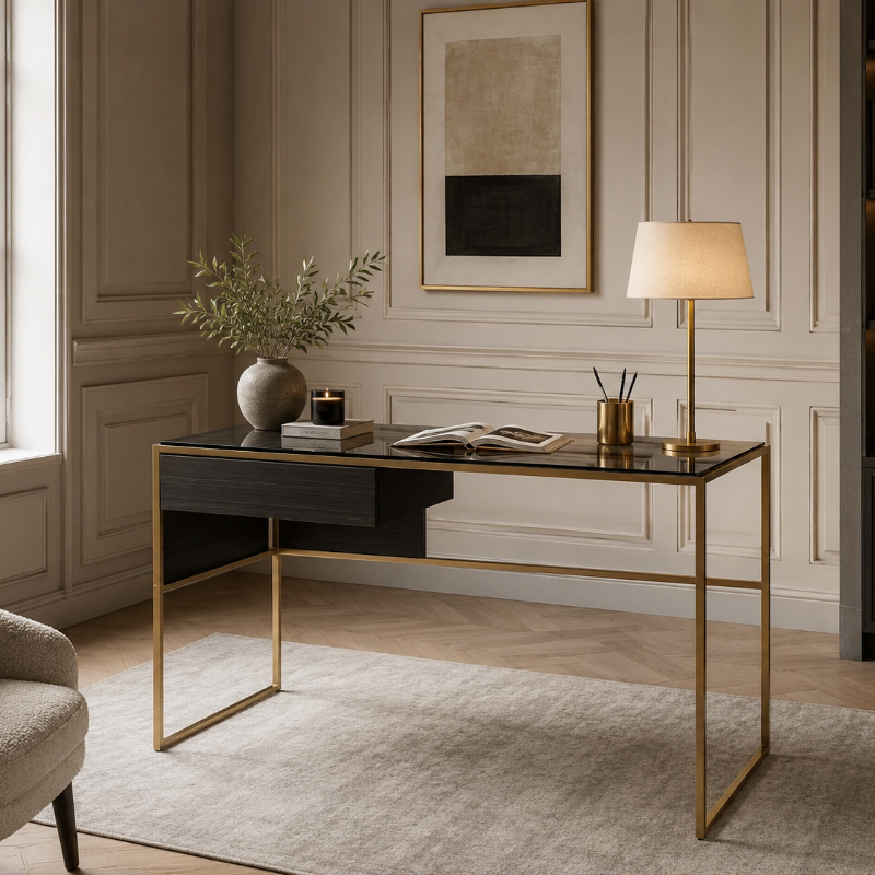 Modern desk with gold legs in a stylish room with a lamp and decor items.