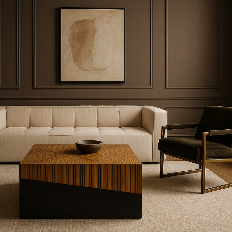 Modern living room with beige sofa, wooden coffee table, and abstract art on the wall.