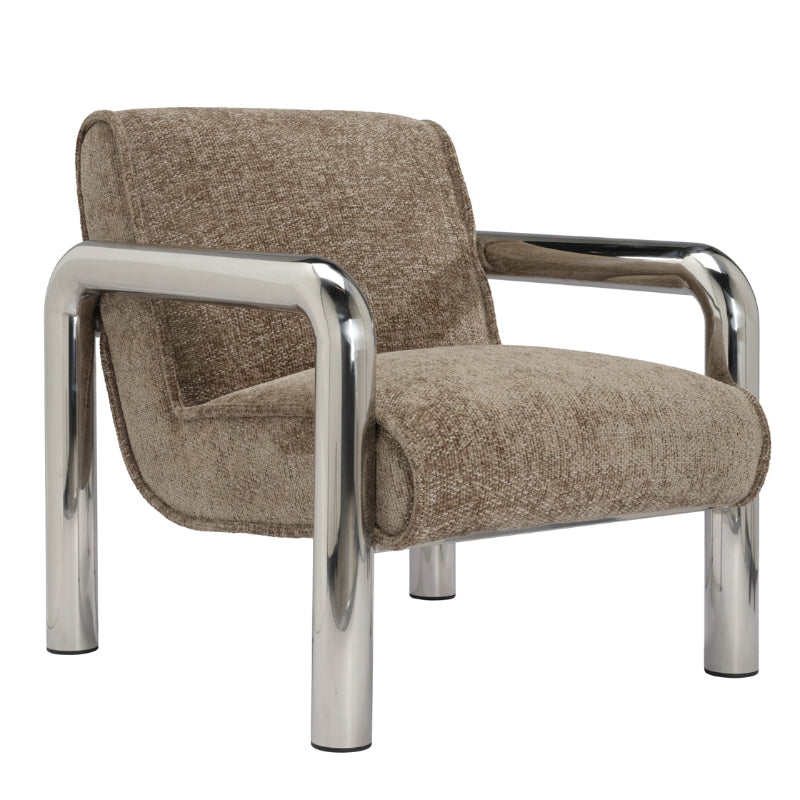 Chair with brown fabric seat and backrest and chrome frame on a white background