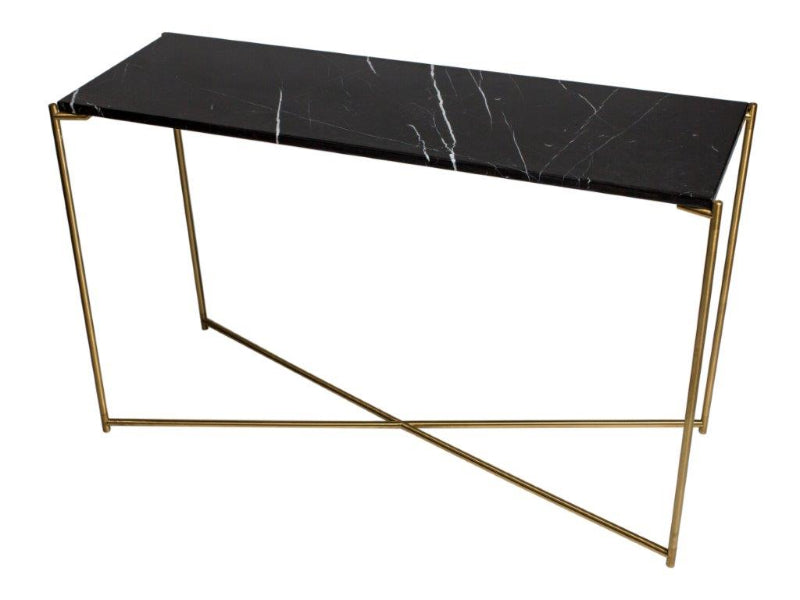Console table with black marble top and gold metal frame on a white background