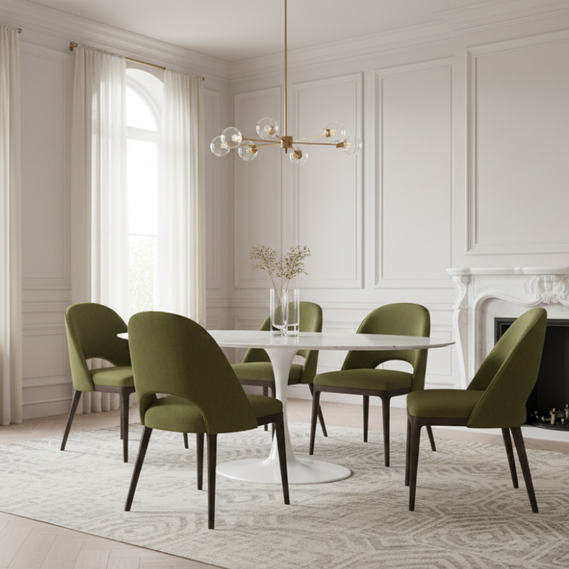 Dining room with green chairs around a white table, large windows, and a fireplace.