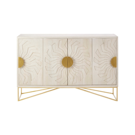 Decorative cabinet with sunburst patterns and gold accents on a white background