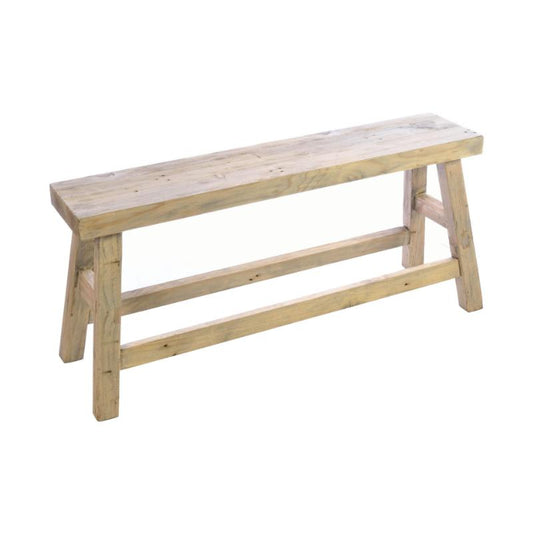 A rustic wooden bench with a light natural wood finish, featuring a thick seat plank and A-frame legs with a front support bar, shown on a plain white background.