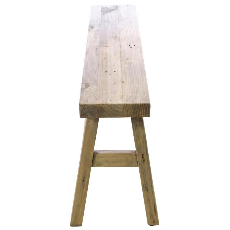 A rustic wooden bench with a long rectangular seat and A-frame legs, shown against a plain white background.