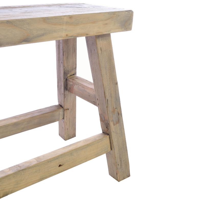 Close-up of a rustic wooden stool leg and seat corner, showing natural light wood grain and construction details against a plain white background.