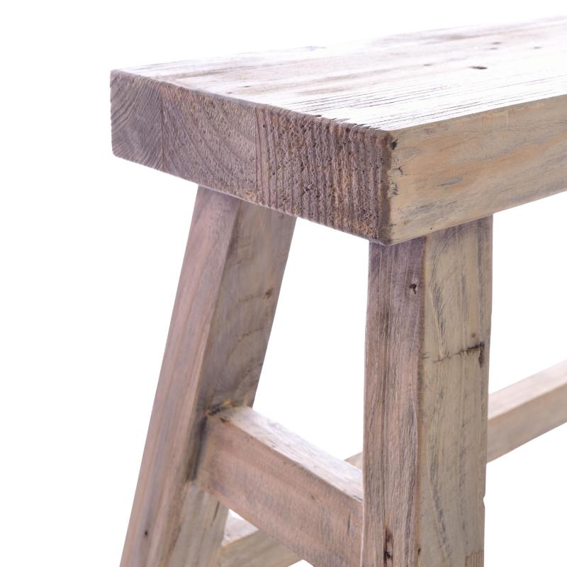 Close-up of a rustic wooden stool or bench leg with a thick rectangular seat and natural wood grain on a white background.