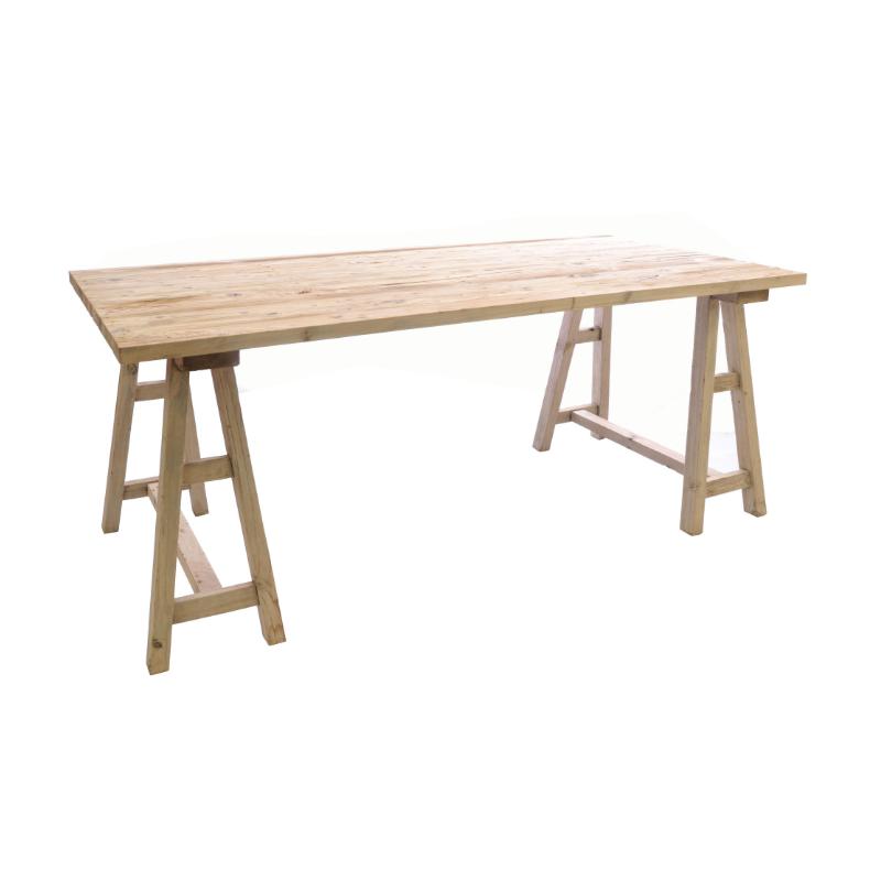 A rustic wooden table with a light natural wood plank top and A-frame trestle legs, shown against a plain white background.