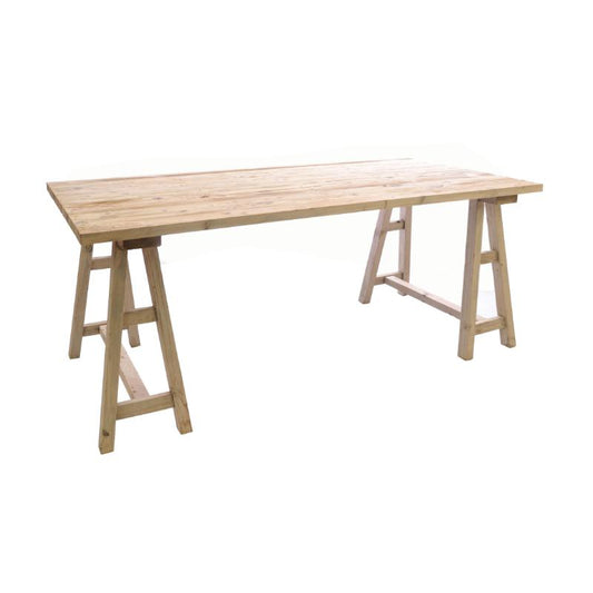 A rustic wooden table with a light natural wood plank top and A-frame trestle legs, shown against a plain white background.