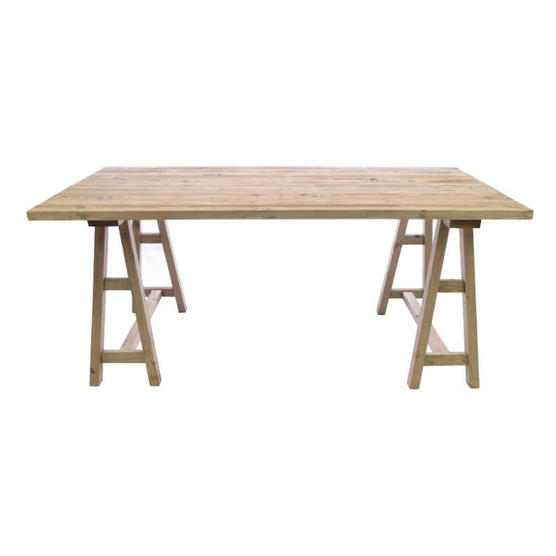 A rectangular wooden table with a light natural wood grain top and A-frame trestle legs, shown against a plain white background.