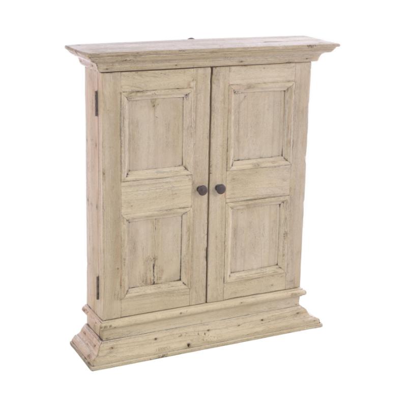 A distressed light beige wooden cabinet with two paneled doors and dark round knobs, shown on a plain white background.
