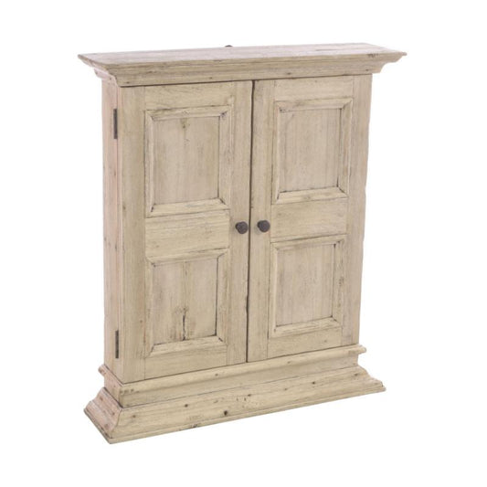 A distressed light beige wooden cabinet with two paneled doors and dark round knobs, shown on a plain white background.
