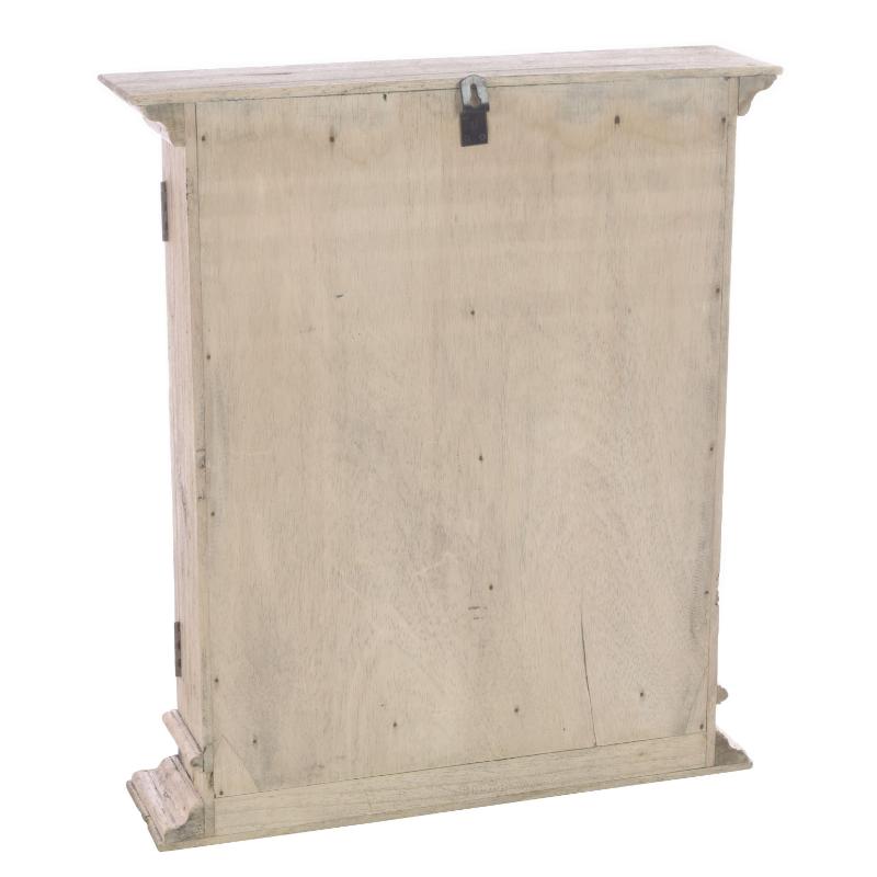 The back view of a rustic, light-colored wooden cabinet or wall-mounted box with a distressed finish and a small metal latch at the top, shown on a plain white background.