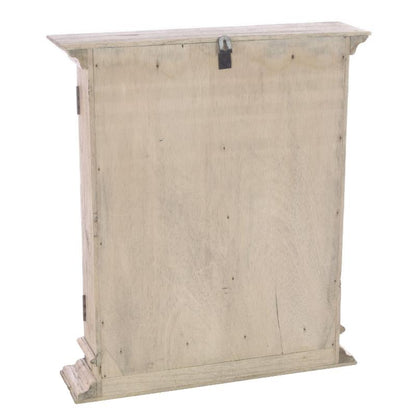 The back view of a rustic, light-colored wooden cabinet or wall-mounted box with a distressed finish and a small metal latch at the top, shown on a plain white background.