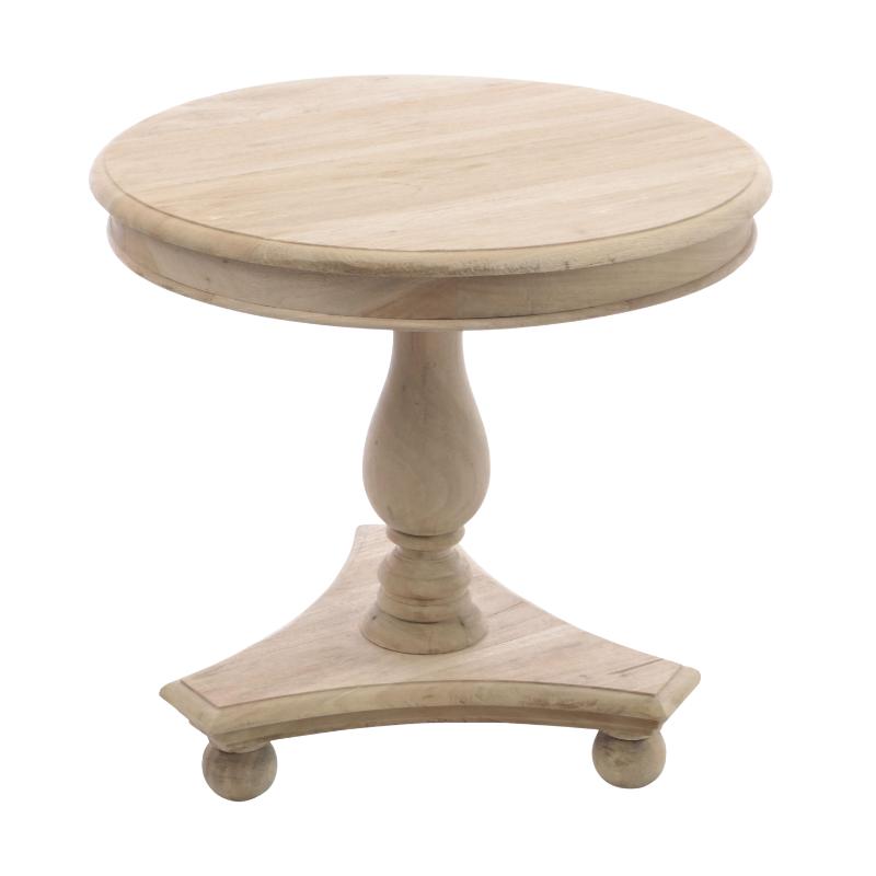 A small round wooden end table with a turned pedestal base and ball feet, shown on a plain white background.