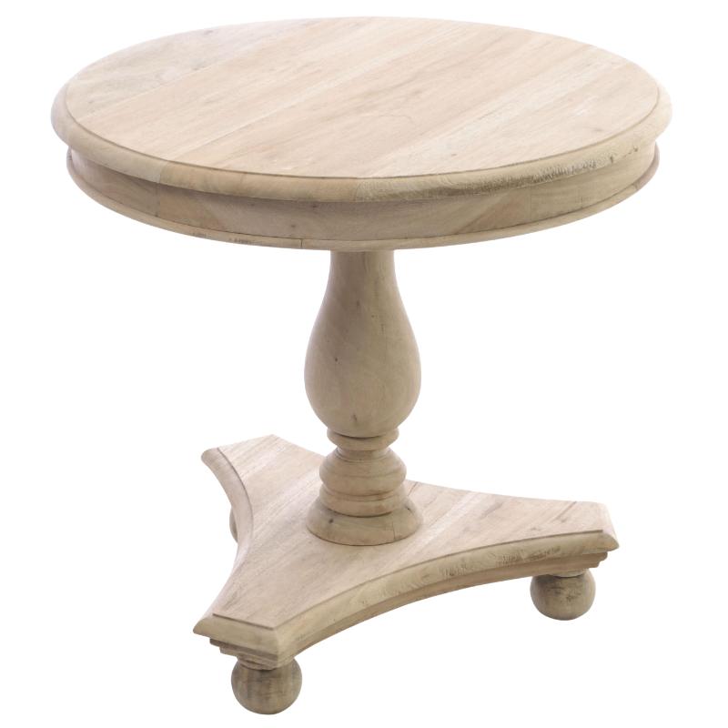 Round wooden table with a pedestal base on a white background