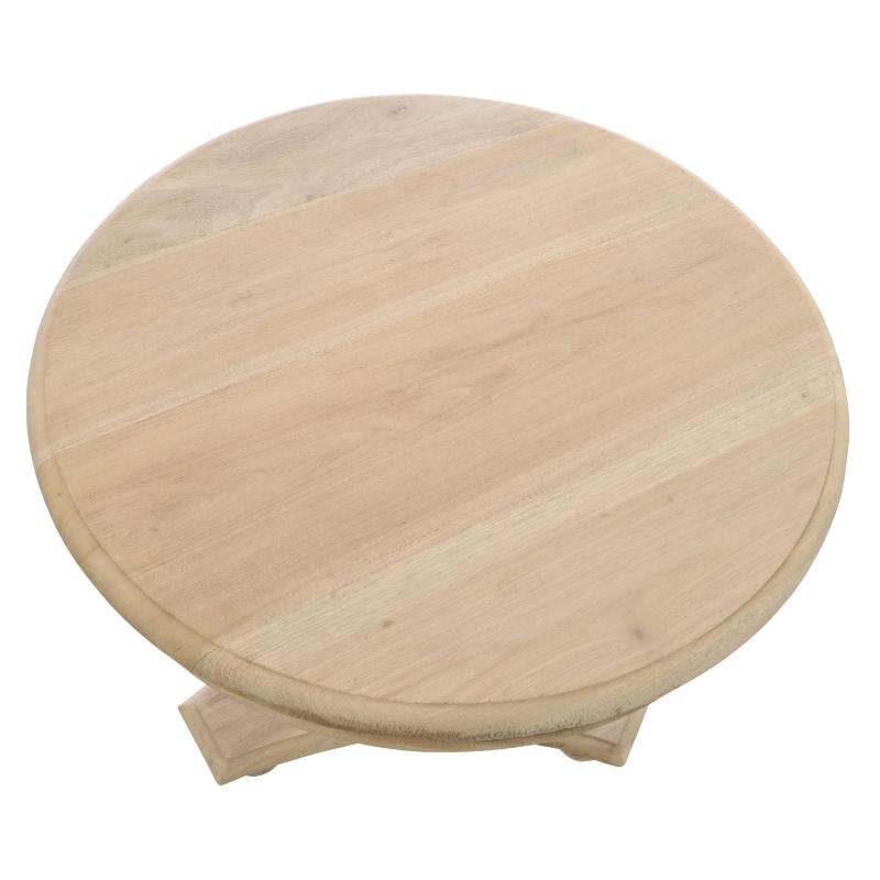 A round light natural wood serving board or tabletop with a small matching stand, shown on a plain white background.