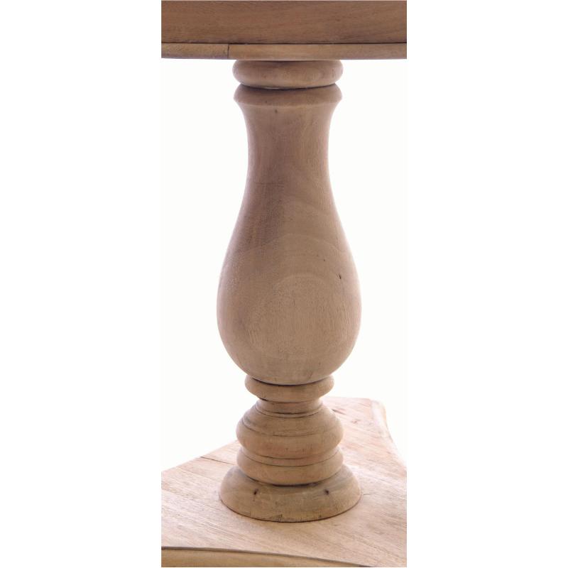 A close-up of a turned light natural wood table leg with a flared round base, shown against a plain white background.