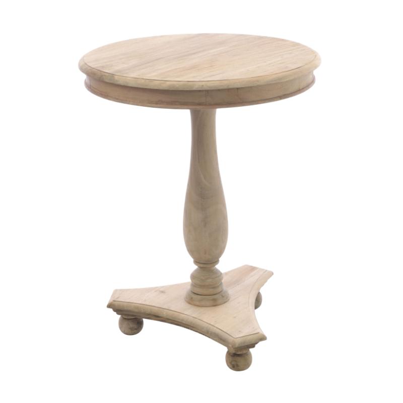 A round wooden accent table with a turned pedestal base and three caster wheels, shown on a plain white background.