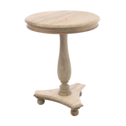 A round wooden accent table with a turned pedestal base and three caster wheels, shown on a plain white background.