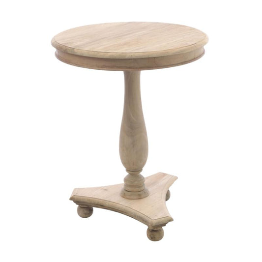 A round wooden accent table with a turned pedestal base and three caster wheels, shown on a plain white background.