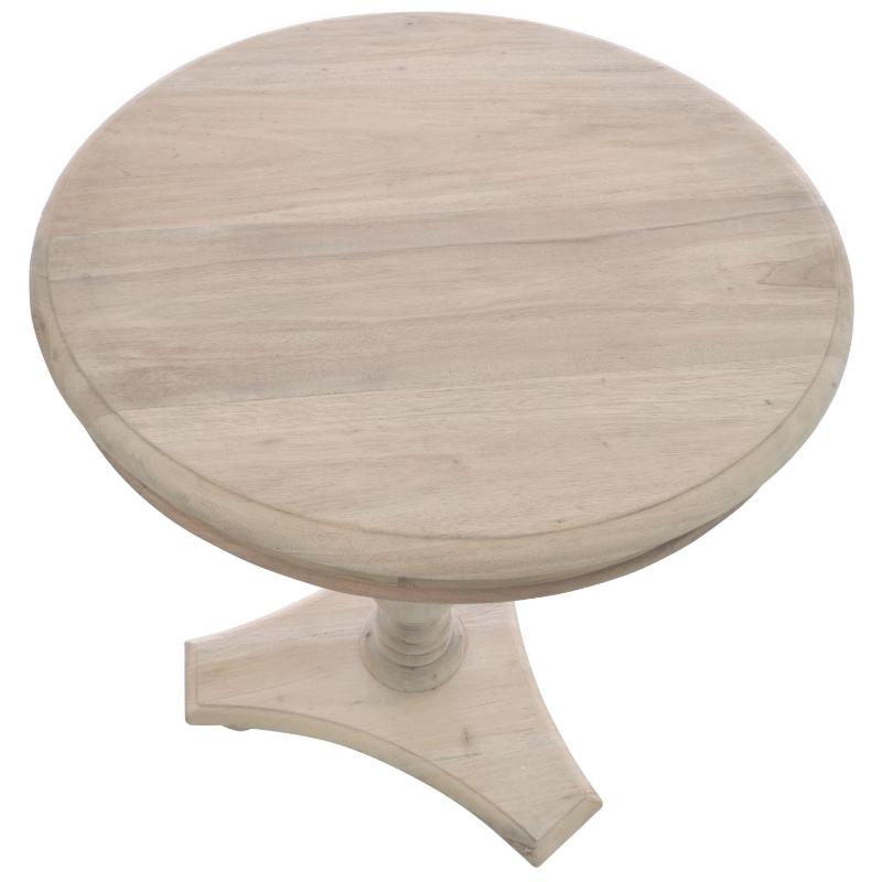 A round wooden side table with a pedestal base, finished in a light natural wood tone with a whitewashed finish, isolated on a white background.