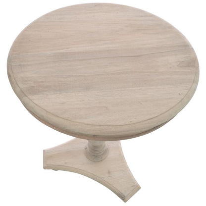 A round wooden side table with a pedestal base, finished in a light natural wood tone with a whitewashed finish, isolated on a white background.