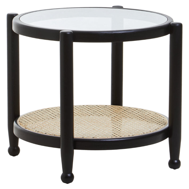 Round side table with glass top and wicker shelf on a white background