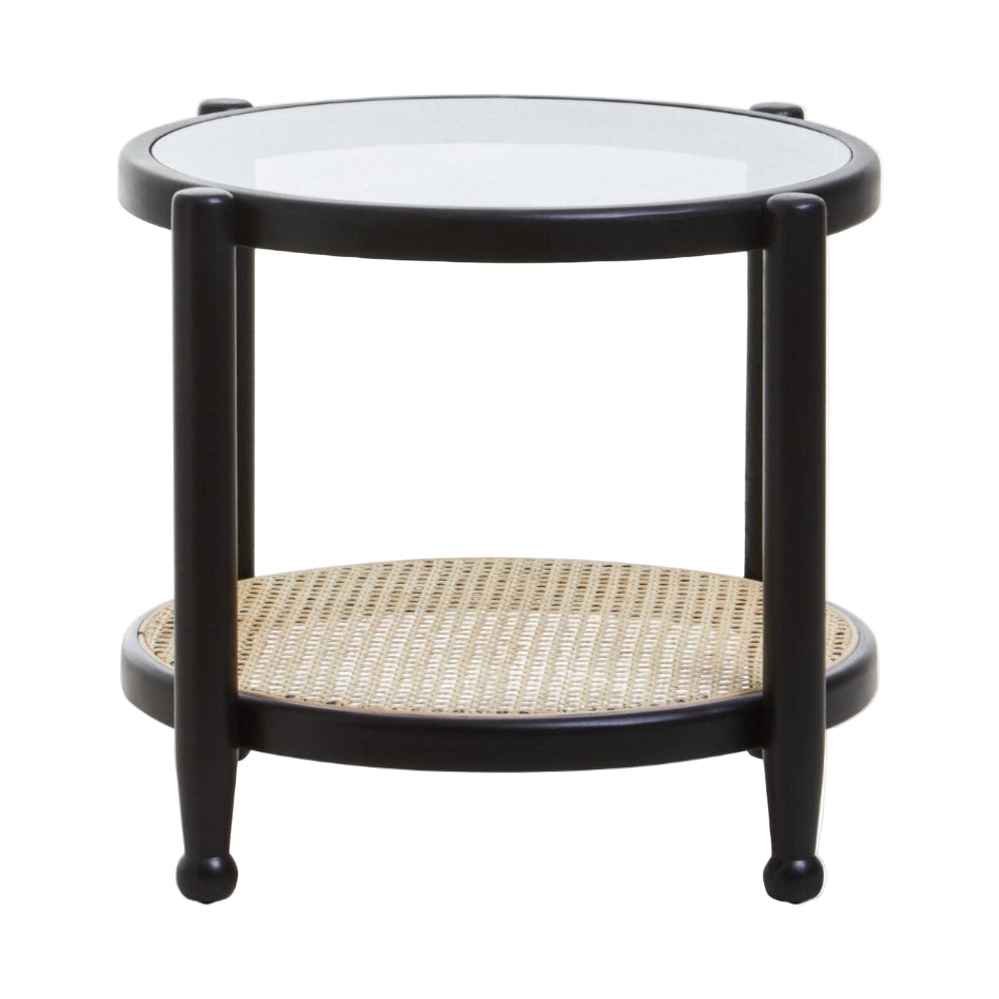 Round side table with black frame and glass top on a white background
