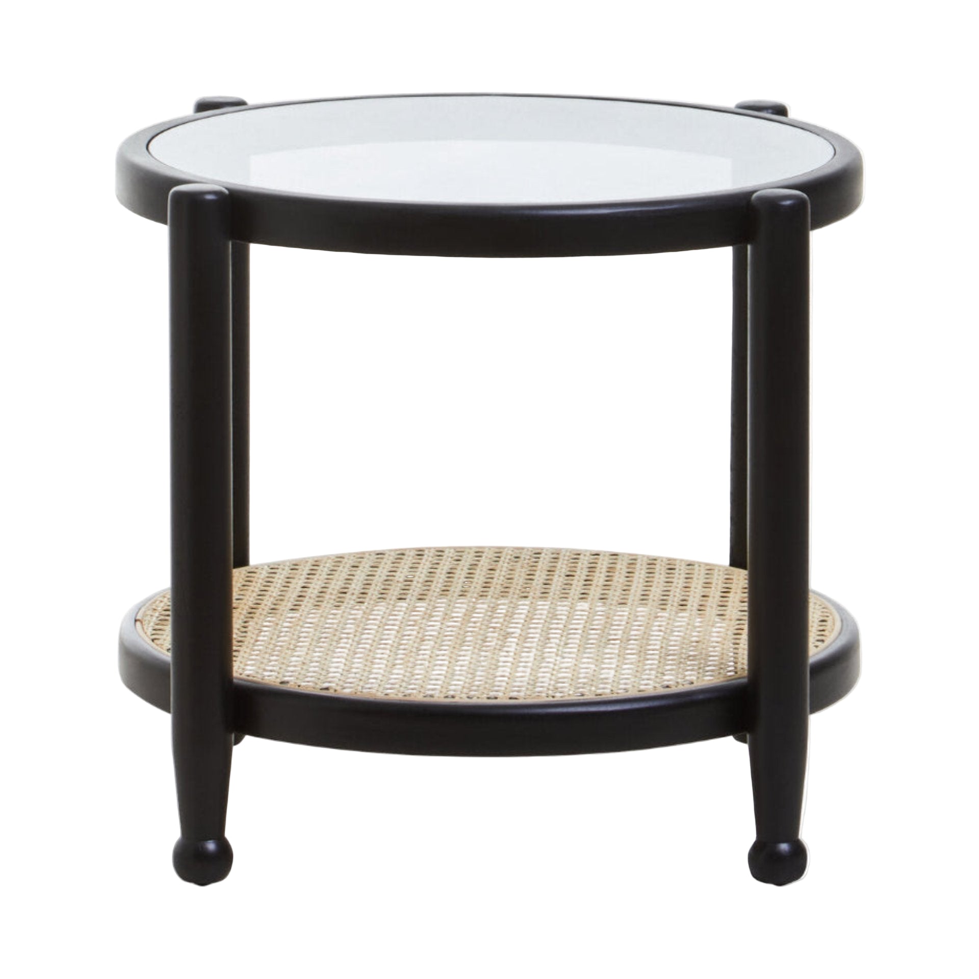Round side table with black frame and glass top on a white background