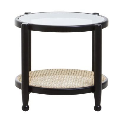 Round side table with black frame and glass top on a white background