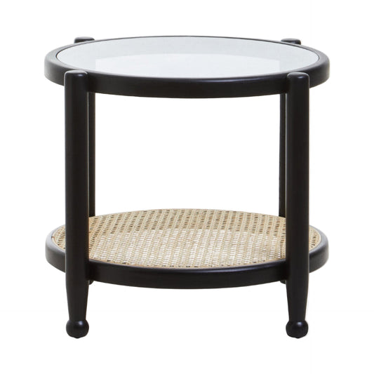 Round side table with black frame and glass top on a white background