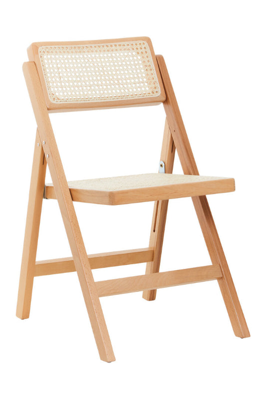 Wooden folding chair with wicker seat and backrest on a white background