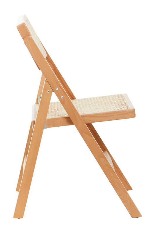 Wooden folding chair with woven seat on a white background