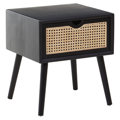Black side table with a woven drawer on a white background