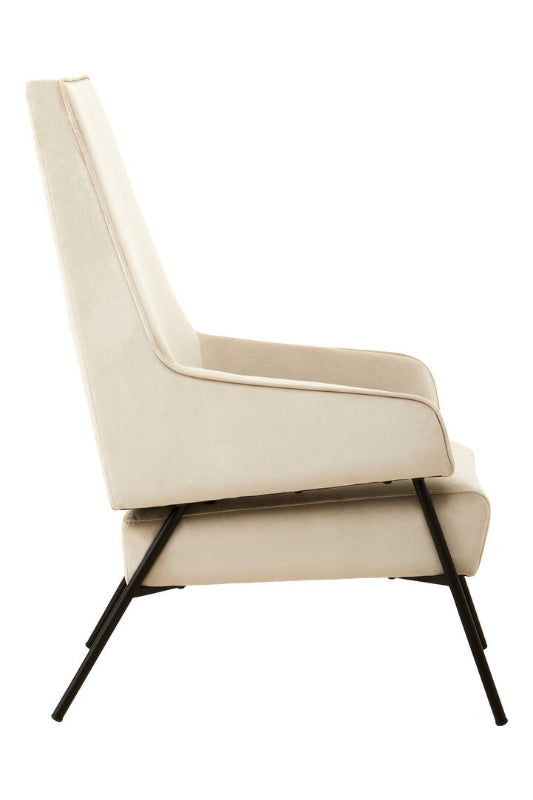 Beige armchair with black metal legs on a white background