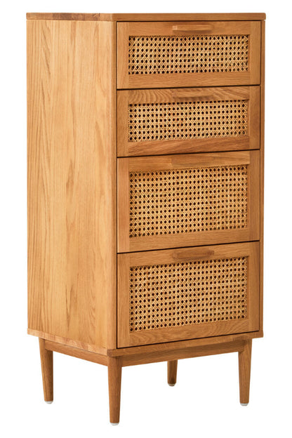 Wooden cabinet with wicker drawers on a white background