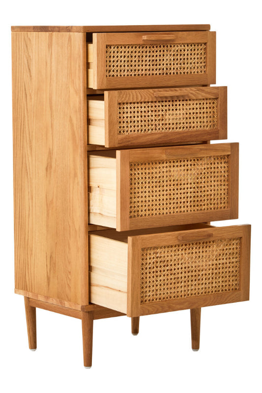 Wooden dresser with wicker-style drawers on a white background