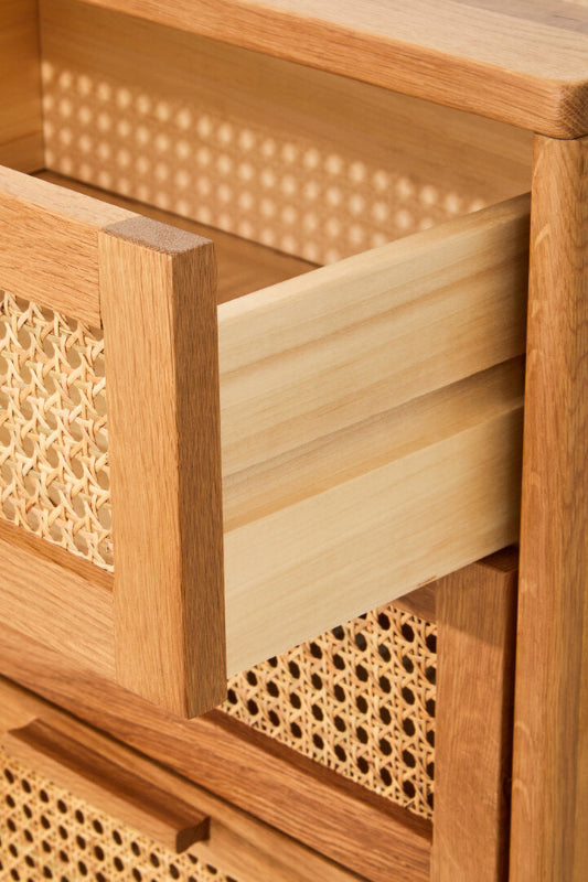 Close-up of wooden furniture with woven patterns