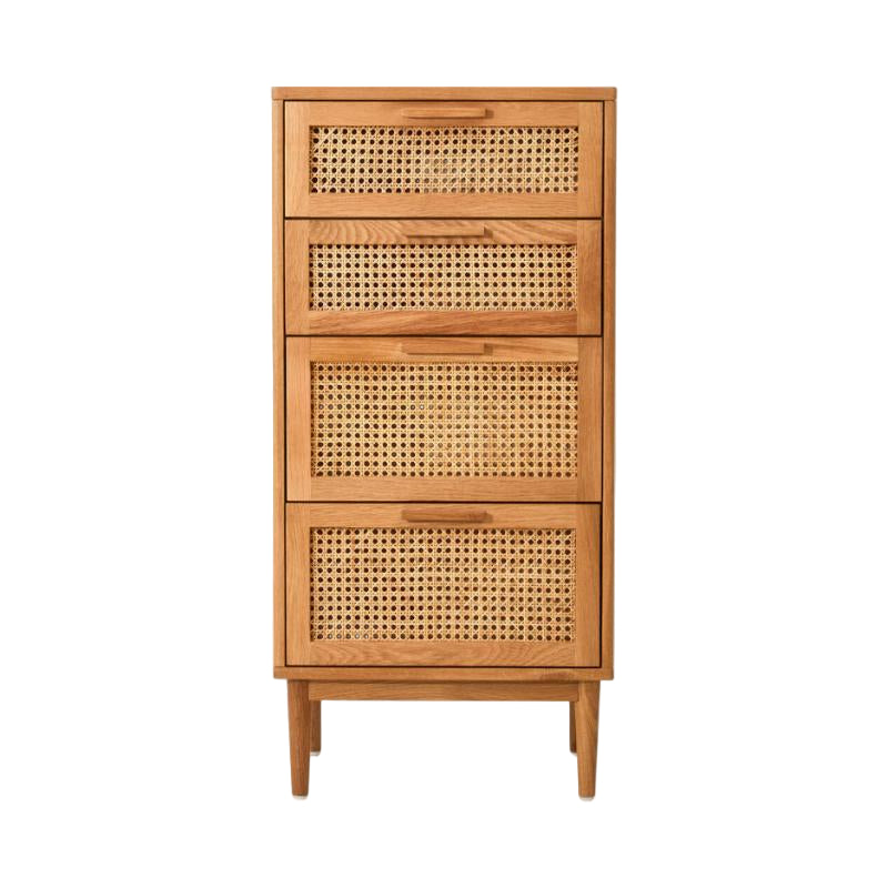 Wooden cabinet with rattan-style drawers on a white background