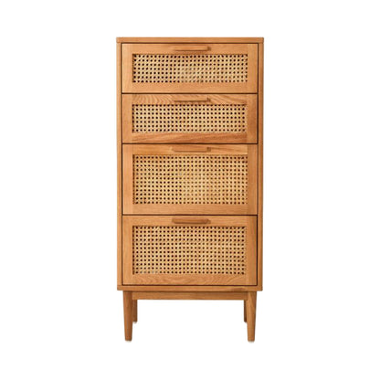 Wooden cabinet with rattan-style drawers on a white background