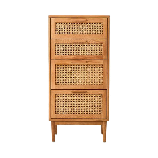 Wooden cabinet with rattan-style drawers on a white background
