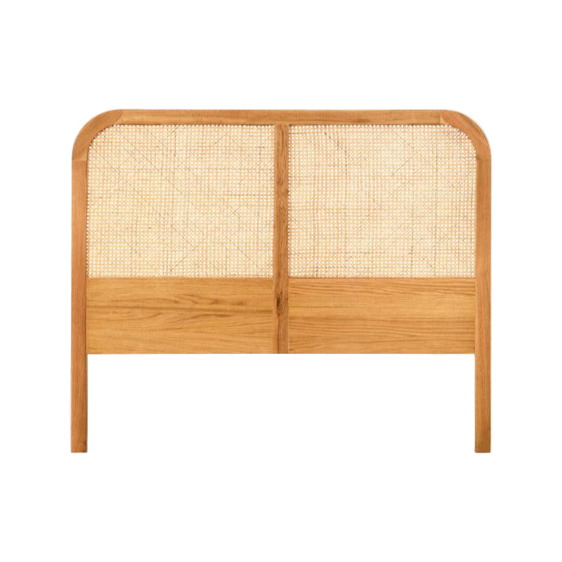 Wooden headboard with woven design on a white background