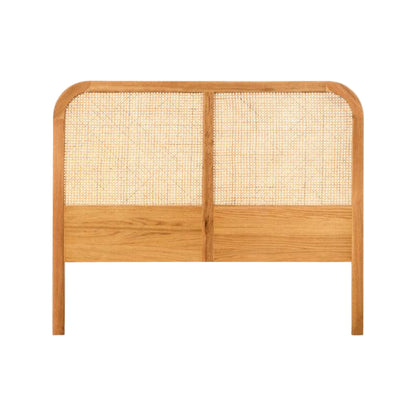 Wooden headboard with woven design on a white background