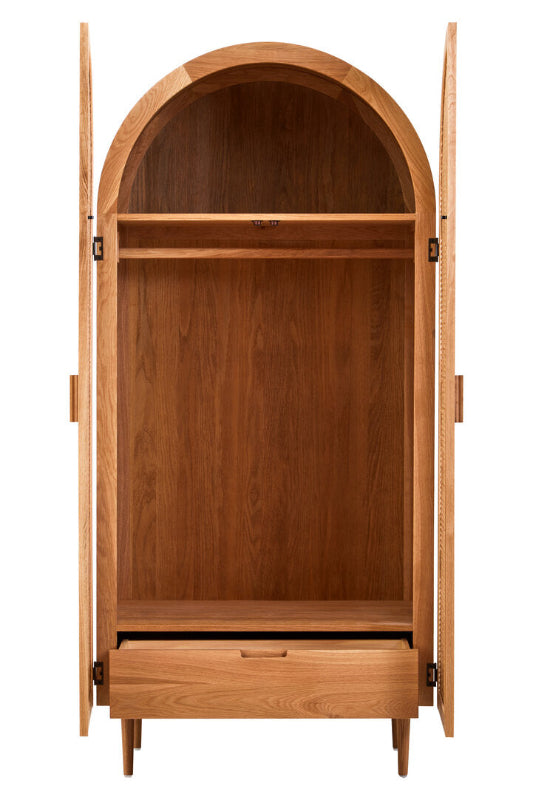Wooden armoire with open doors on a white background