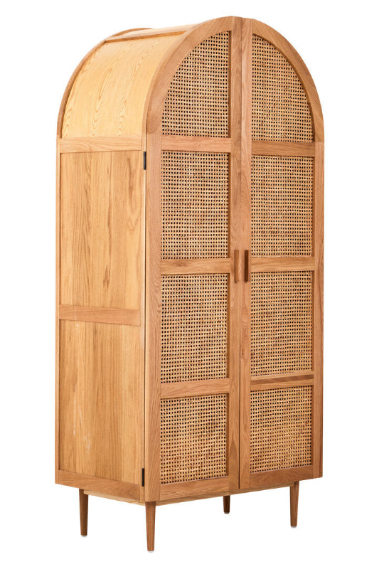 Wooden cabinet with wicker door on a white background