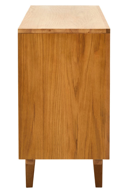 Side view of wooden sideboard with wooden legs