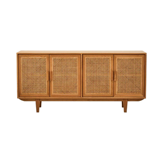 Wooden sideboard with rattan doors on a white background