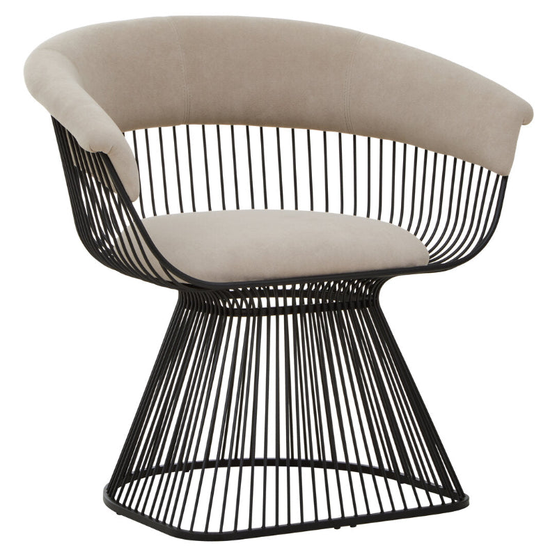 Modern chair with black wire frame and beige cushion on a white background